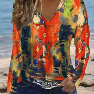Casual Abstract V Neck Long Sleeve T-shirt, T-shirts, color:Orange|size:XXL, catalog Noracora shop