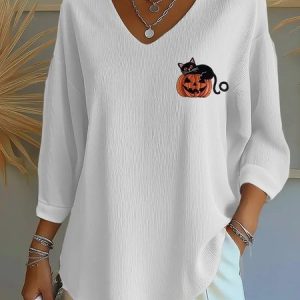 Vintage Halloween (pumpkin) V Neck Three Quarter Sleeve T-shirt, T-shirts, color:White|size:5XL, catalog Noracora shop