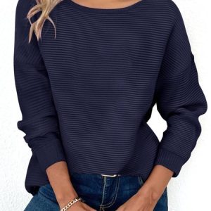 Casual Plain Crew Neck Long Sleeve T-shirt, T-shirts, color:Deep Blue|size:XXL, catalog Noracora shop
