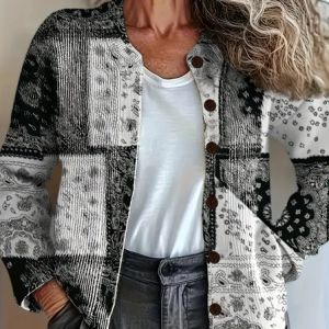 Women Paisley Printing Long Sleeve Crew Neck Vintage Spring/Fall Cardigan Outerwear, JustFashionNow Cardigans, color:Black|size:5XL,