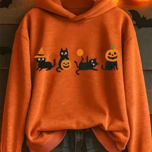 Vintage Hooded Halloween Cute Cat Art Print Hoodie, Hoodies & Sweatshirts, color:Orange|size:5XL, catalog Noracora shop