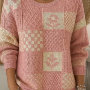 Women Cotton Geometric Long Sleeve Comfy Vintage Sweater, Sweaters, color:Pink|size:4XL, catalog Noracora shop