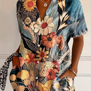Casual Short Sleeve Floral Printing Loose Button Up Shirt For Women, Shirts, color:As Picture|size:5XL, catalog Noracora shop