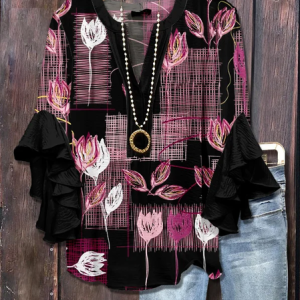 Women Floral Half Sleeve Shirt Summer Printing V Neck Daily Casual Top, JustFashionNow Shirts, color:Black|size:5XL,