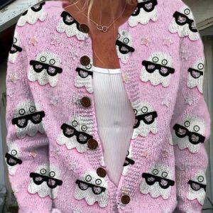 Women Knitted Cat Long Sleeve Comfy Vintage Cardigan, Cardigans, color:Color3|size:5XL, catalog Noracora shop