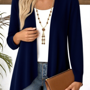 Women Plain Long Sleeve Blouse Spring/Fall V Neck Daily Casual Top, JustFashionNow Cardigans, color:Navyblue|size:3XL,