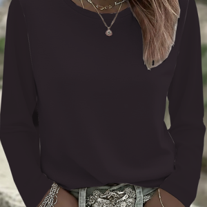 Women Plain Long Sleeve Tee T-shirt Crew Neck Printing Casual Spring/Fall Graphic Tee Top, JustFashionNow T-Shirts, color:Black|size:XXL,