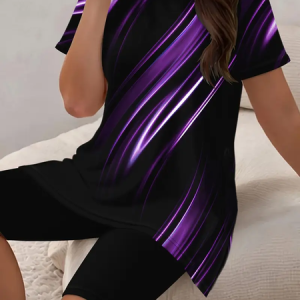 Women Abstract Printing Two-Piece Set Daily Short Sleeve Casual Summer Top With Pants Matching Set, Sets, color:Black|size:XXL, catalog Noracora shop