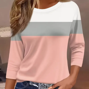 Women Multicolor Block Three Quarter Sleeve Tee T-shirt Crew Neck Casual Spring/Fall Graphic Tee Top, JustFashionNow T-Shirts, color:Pink|size:5XL,