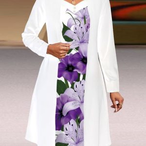 Women Floral Spring/Fall Dress V Neck Long Sleeve A-Line Dress, Midi, color:White|size:XXL, catalog Noracora shop