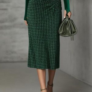 Urban Ruched Houndstooth Midi Skirt, Skirts, color:Green|size:XXL, Stylewe
