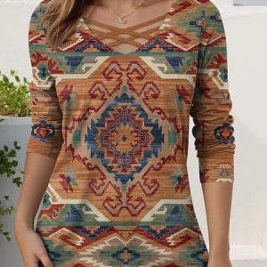 Casual Geometric V Neck Long Sleeve T-shirt, T-shirts, color:Brown|size:XXL, catalog Noracora shop
