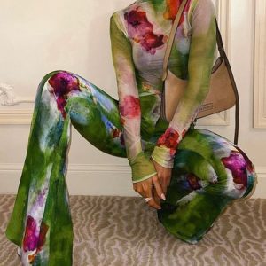 Elegant Floral Printing Flare Pants, Pants, color:Green|size:XXL, Stylewe