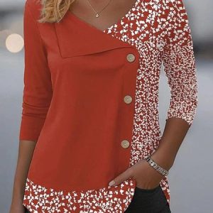 Casual Colorblock V Neck Long Sleeve T-shirt, T-shirts, color:Red|size:3XL, catalog Noracora shop