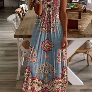 Women Floral Short Sleeve Summer Printing Dress V Neck Daily Casual Maxi X-Line Dress, JustFashionNow Casual Dresses, color:Blue|size:3XL,
