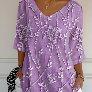 Casual 3D Floral Print V Neck 3/4 Length Sleeve T-shirt, T-shirts, color:Purple|size:5XL, catalog Noracora shop