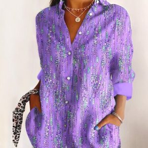 V Neck Long Sleeve Geometric Regular Micro-Elasticity Regular Fit Shirt For Women, T-shirts, color:Purple|size:4XL, catalog Noracora shop