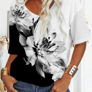 Women Floral Short Sleeve Tee T-shirt V Neck Printing Casual Summer Graphic Tee Top, JustFashionNow T-Shirts, color:Black-white|size:XXL,