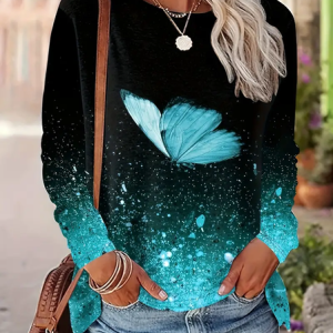 Women Butterfly Long Sleeve Tee T-shirt Crew Neck Printing Casual Spring/Fall Graphic Tee Top, JustFashionNow T-Shirts, color:Black|size:XXL,