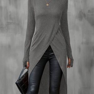 Women Plain Long Sleeve Tee T-shirt Crew Neck Split Joint Vintage Spring/Fall Top, JustFashionNow T-Shirts, color:Gray|size:XXL