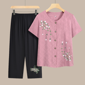 Women Floral Embroidery Two-Piece Set Daily Half Sleeve Casual Summer Top With Pants Matching Set, JustFashionNow Suit Set, color:Pink|size:4XL,