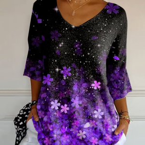 Casual Floral V Neck Three Quarter Sleeve T-shirt, T-shirts, color:Purple|size:5XL, catalog Noracora shop