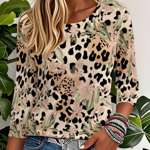Women Floral Three Quarter Sleeve Tee T-shirt Crew Neck Casual Spring/Fall Graphic Tee Top, JustFashionNow T-Shirts, color:Khaki|size:5XL