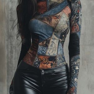 Plus Size Urban Abstract Printing Stand Collar Regular Sleeve T-shirt, Plus Tops, color:As Picture|size:4X, Stylewe
