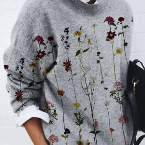 Women Floral Printing Spring/Fall Casual Long Sleeve Crew Neck Sweater, JustFashionNow Sweaters, color:Gray|size:5XL,