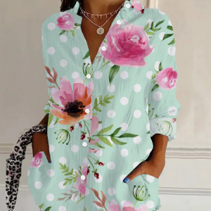 Women Polka Dots Long Sleeve Shirt Spring/Fall Buckle Shirt Collar Daily Casual Top, JustFashionNow Shirts, color:Green|size:S,