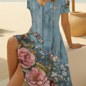 Women Floral Short Sleeve Summer Printing Dress V Neck Daily Casual Midi Fit & Flare Dress A-Line Dress, JustFashionNow Casual Dresses, color:Blue|size:4XL,