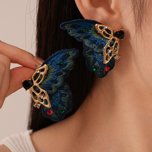 Autumn and winter retro diamond lace braided butterfly silver needle earrings, Earrings, color:Blue|size:One-size, Stylewe