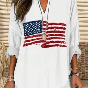 V Neck Long Sleeve America Flag Regular Micro-Elasticity Regular Fit Shirt For Women, Shirts, color:White|size:3XL, catalog Noracora shop
