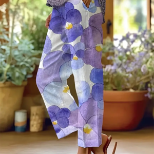 Women Floral Long Pants Casual Spring/Fall Trousers, JustFashionNow Pants, color:Blue Purple|size:5XL,
