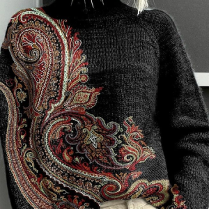Women Ethnic Printing Spring/Fall Vintage Long Sleeve Turtleneck Sweater, JustFashionNow Sweaters, color:Black|size:4XL,