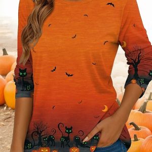 Casual Cat Crew Neck Long Sleeve T-shirt, T-shirts, color:As Picture|size:4XL, catalog Noracora shop