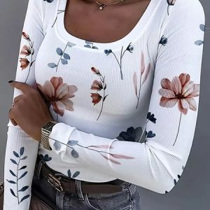 Casual Floral U-Neck Long Sleeve T-shirt, T-shirts, color:As Picture|size:4XL, catalog Noracora shop
