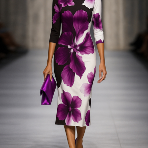 Plus Size Elegant Floral Printing Midi Dress, Plus Dresses, color:Purple|size:4X, Stylewe