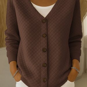 Women Cotton Geometric Long Sleeve Comfy Casual Cardigan, Sweaters, color:Brown|size:3XL, catalog Noracora shop