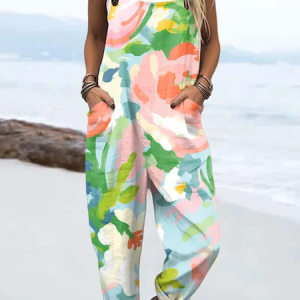 Women Floral Square Neck Sleeveless Casual Spring/Fall Bib Pants, JustFashionNow Jumpsuits＆Rompers, color:As Picture|size:4XL,