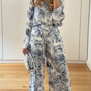 Women Floral Two-Piece Set Party Long Sleeve Casual Spring/Fall Top With Pants Matching Set, Sets, color:Blue-White|size:3XL, catalog Noracora shop