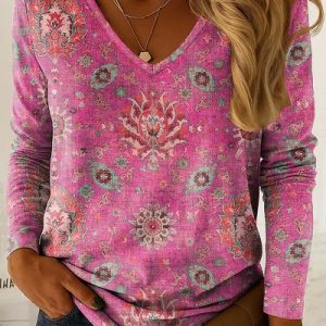 V Neck Long Sleeve Ethnic Regular Micro-Elasticity Loose Blouse For Women, T-shirts, color:Berry Pink|size:XXL, catalog Noracora shop
