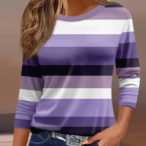 Casual Striped Crew Neck Three Quarter Sleeve T-shirt, T-shirts, color:Purple|size:5XL, catalog Noracora shop