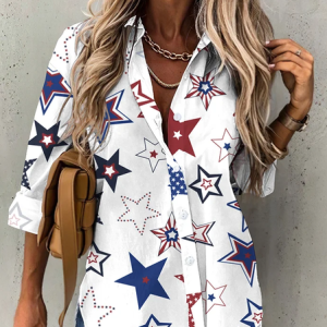 Shirt Collar Long Sleeve Star Printing Regular Loose Shirt For Women, Shirts, color:White|size:XXL, catalog Noracora shop