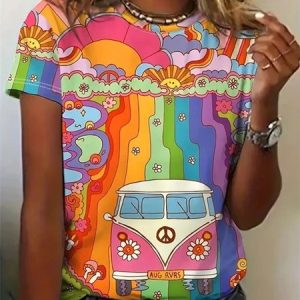 Vintage Hippie Painting Crew Neck Short Sleeve T-shirt, Shirts, color:Multicolor|size:5XL, catalog Noracora shop