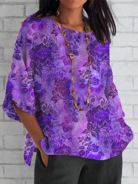 Women Floral Half Sleeve Tee T-shirt Crew Neck Casual Summer Top, JustFashionNow T-Shirts, color:Purple|size:5XL - Image 3