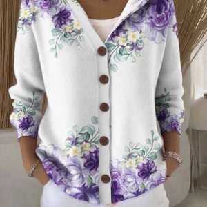 Women Cotton Floral Long Sleeve Comfy Casual Cardigan, Sweaters, color:Purple|size:4XL, catalog Noracora shop