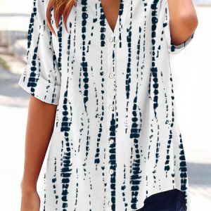 Women Abstract Stripes Short Sleeve Shirt Summer Printing V Neck Daily Casual Top, JustFashionNow Shirts, color:White|size:4XL,