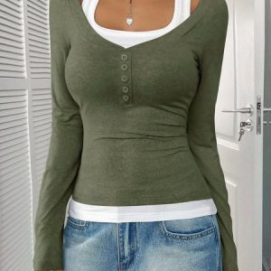 Casual Plain Square Neck Long Sleeve T-shirt, T-shirts, color:Army Green|size:XL, catalog Noracora shop