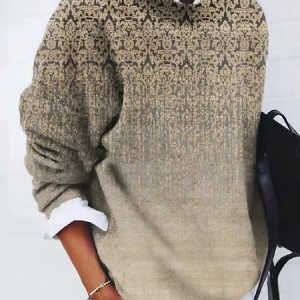 Women Ethnic Printing Spring/Fall Casual Long Sleeve Crew Neck Sweater, JustFashionNow Sweaters, color:Khaki|size:5XL,